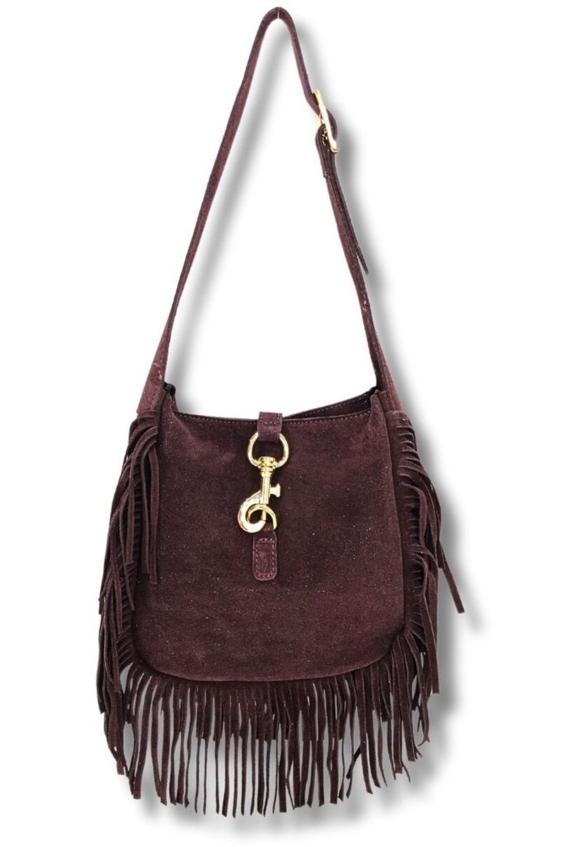 BOLSO HOBO DE SERRAJE CON FLECOS COLOR BURDEOS